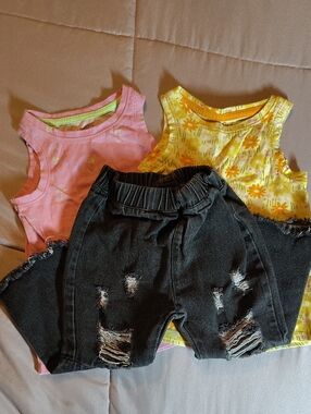 Girls Distressed Black Denim Pants with Pink & Yellow Tank Tops